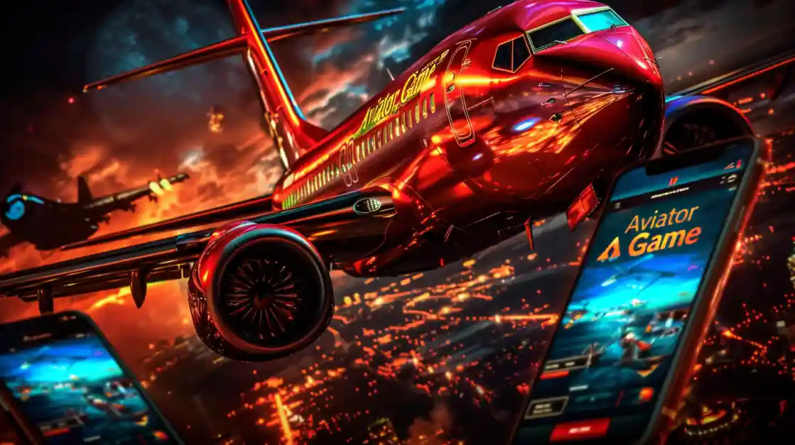 Red airplane flying in front of glowing slot machines with Aviator logo in neon casino atmosphere
