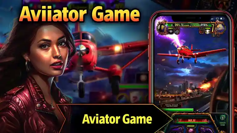 Stylish woman with sunglasses holding phone showing Aviator Game slot while red plane flies above casino lights