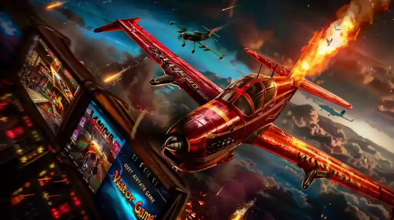 Red twin-engine plane soaring through fiery sky with Aviator Game mobile screen glowing in foreground