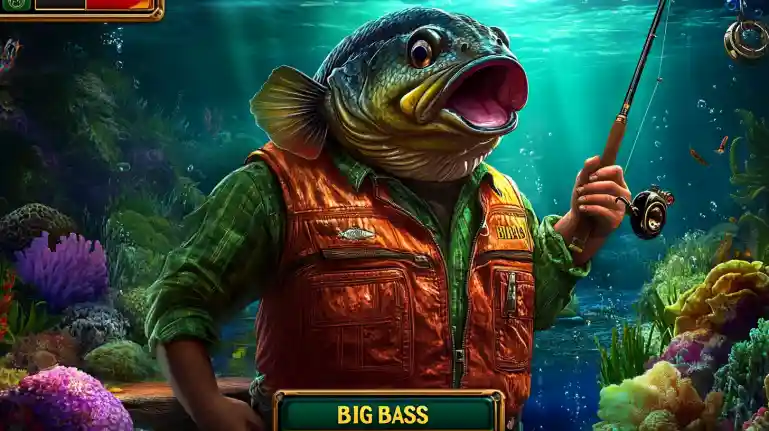 Big Bass slot game with giant fish leaping from mobile screen underwater surrounded by coins and poker chips