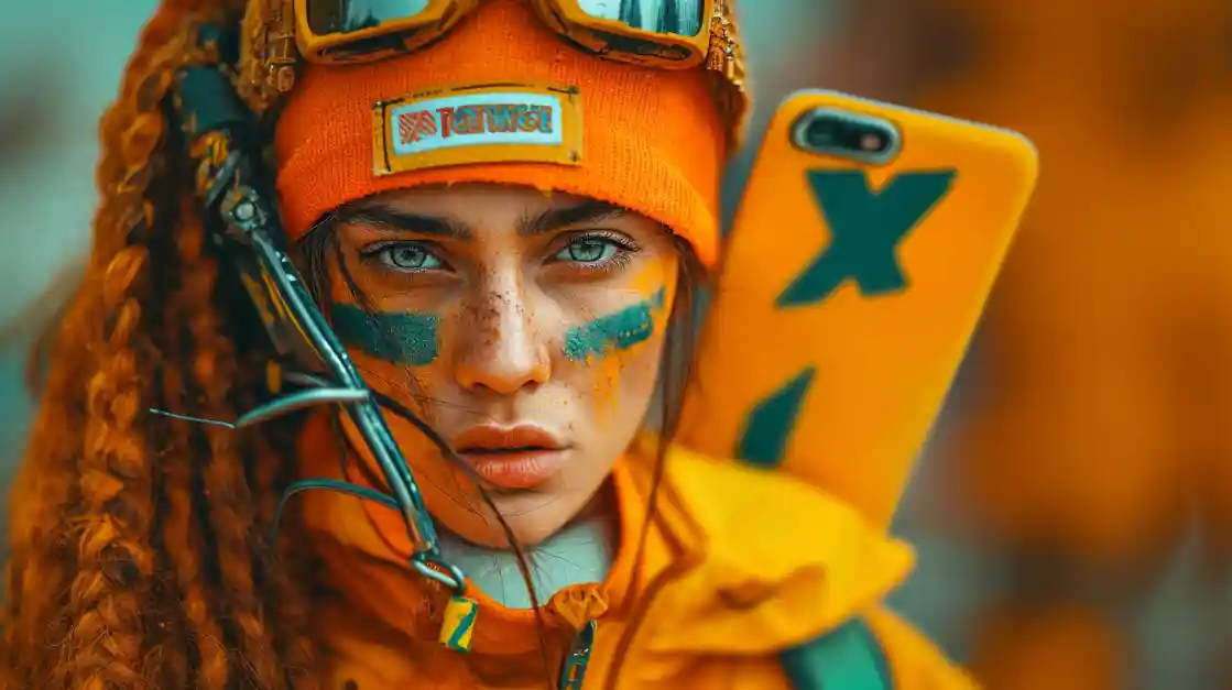 Focused woman with freckles and orange war paint in beanie and sports gear holding BAAZI VIP branded equipment