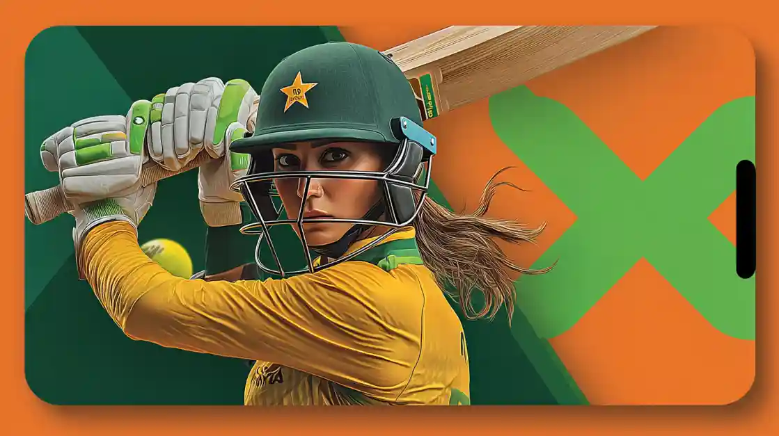 Determined female cricket player in green helmet and yellow jersey preparing to bat against orange background with BAAZI VIP branding
