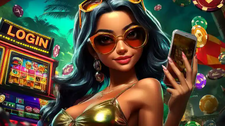 Stylish girl with blue hair and golden dress holding smartphone with BAAZI VIP slot game in vibrant casino atmosphere