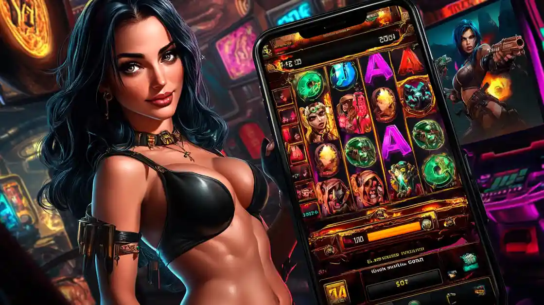 Happy couple holding smartphone with BAAZI VIP casino app in colorful gaming environment